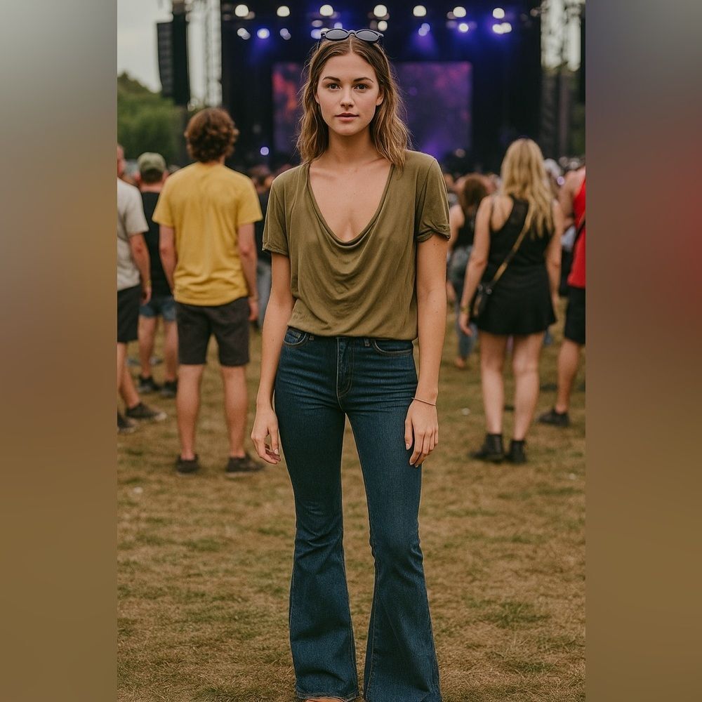 Free People We The Free Olive Green Viscose drape collar tshirt size small